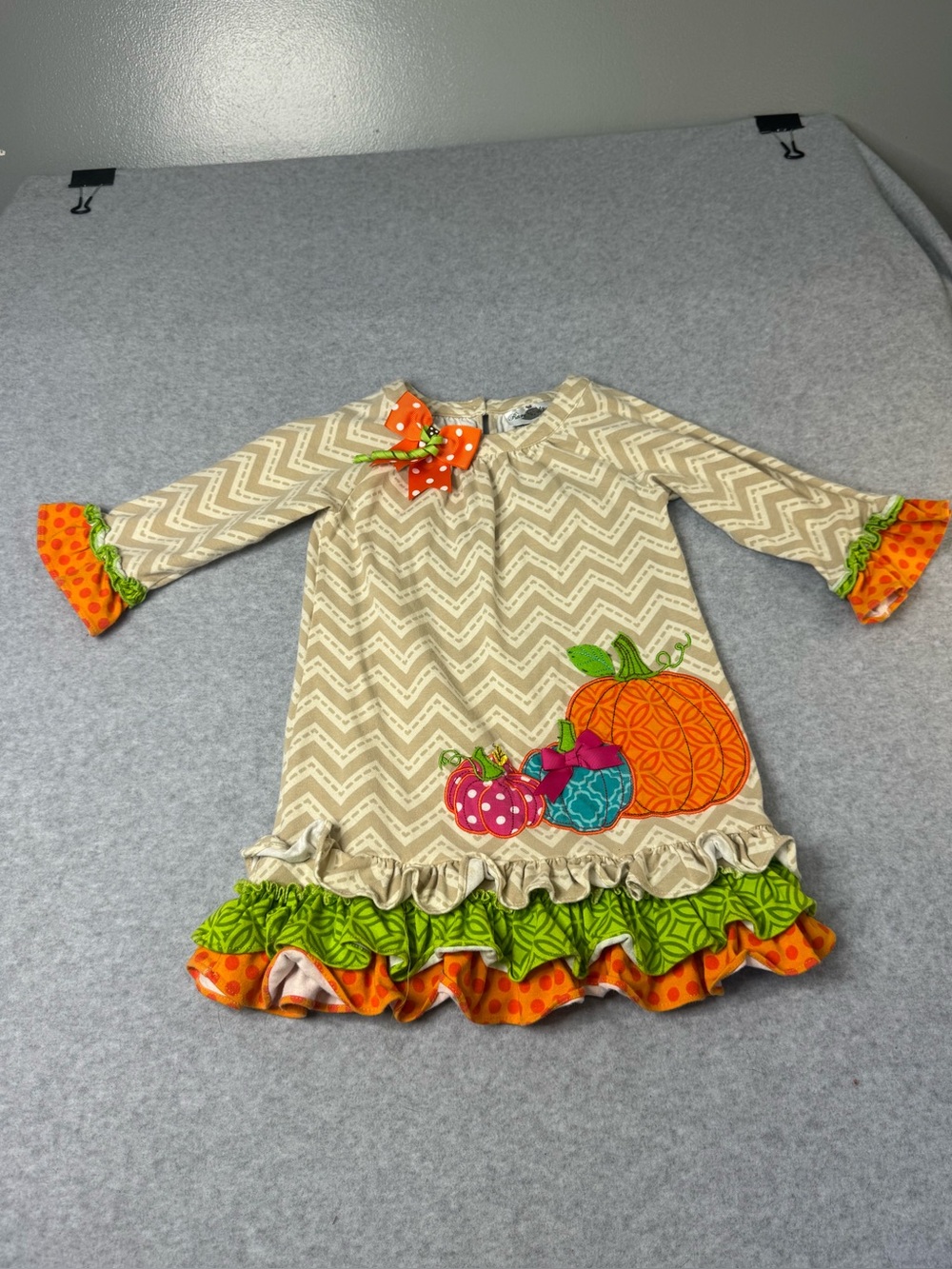 Rare Editions Beige Chevron Pumpkin Appliqué Dress with Orange & Green Accents
